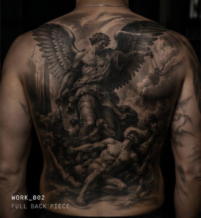 Black and grey tattoo of angel wings and figures covering the full back